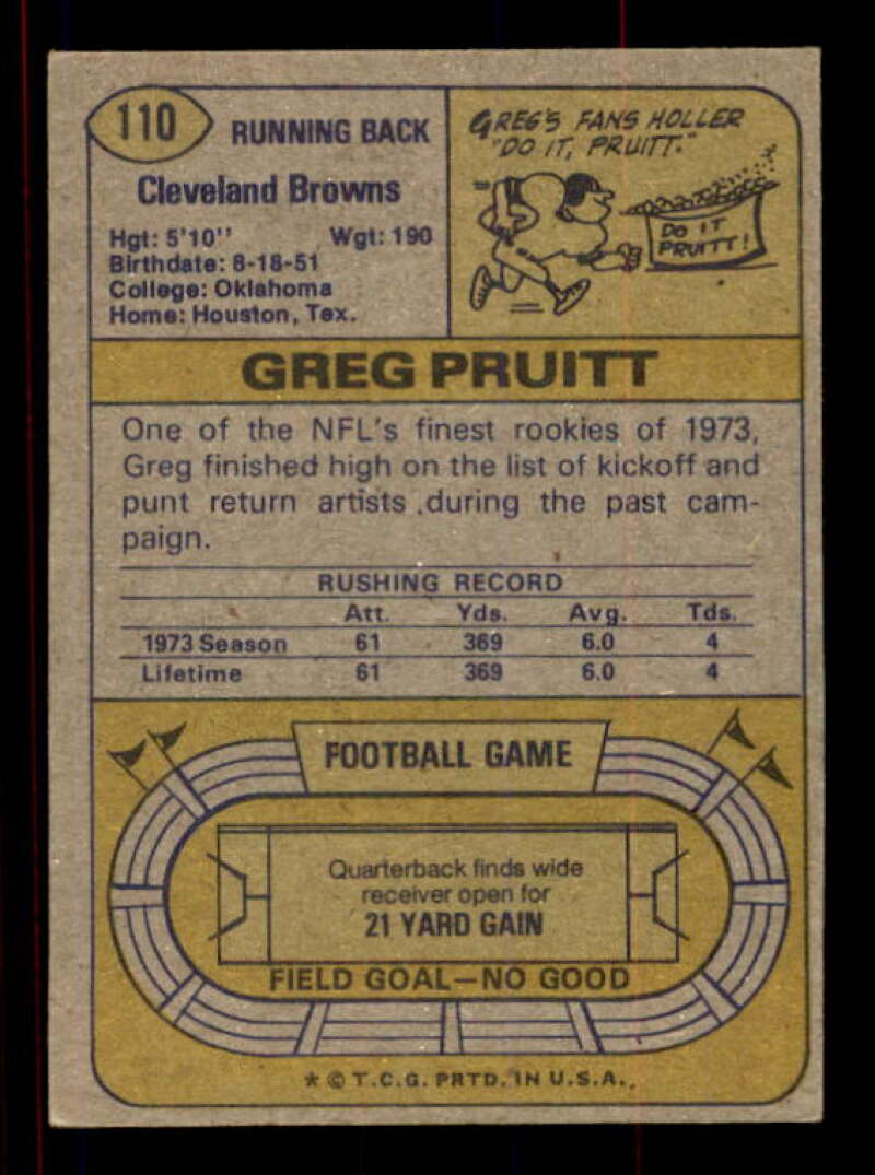 Greg Pruitt Rookie Card 1974 Topps #110 Image 2