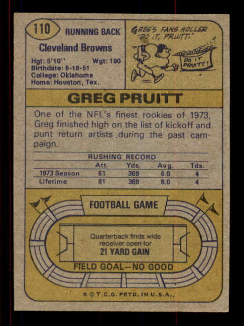 Greg Pruitt Rookie Card 1974 Topps #110 Image 2