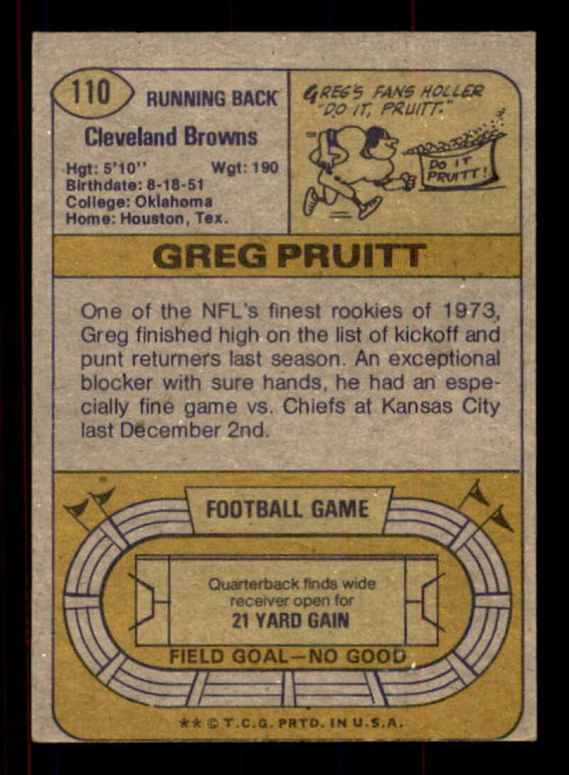 Greg Pruitt Rookie Card 1974 Topps #110 Image 2