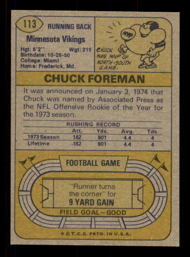 Chuck Foreman Rookie Card 1974 Topps #113 Image 2