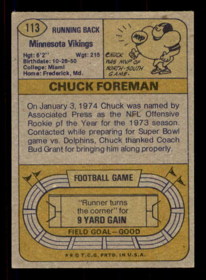 Chuck Foreman Rookie Card 1974 Topps #113 Image 2