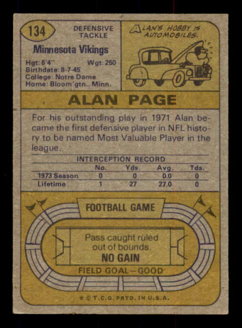 Alan Page AP Card 1974 Topps #134 Image 2