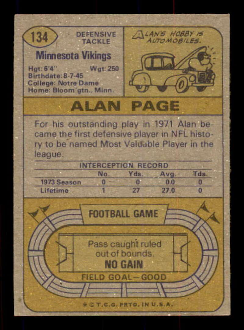 Alan Page AP Card 1974 Topps #134 Image 2