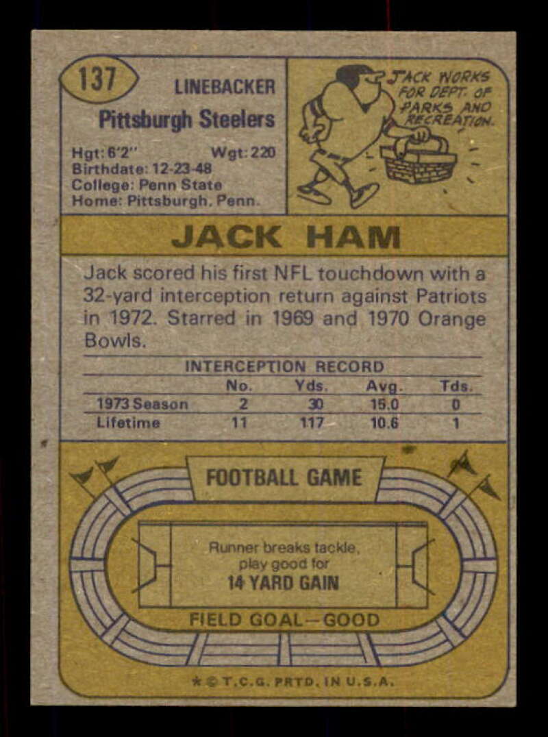 Jack Ham AP Card 1974 Topps #137 Image 2