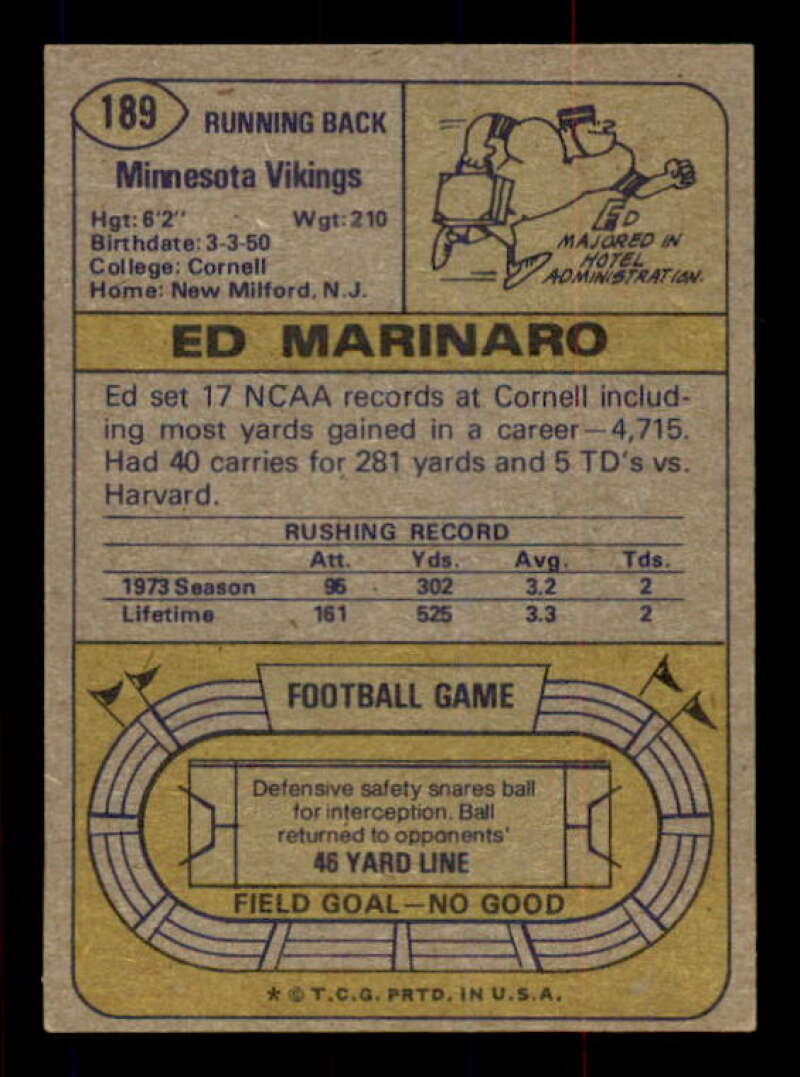 Ed Marinaro Rookie Card 1974 Topps #189 Image 2