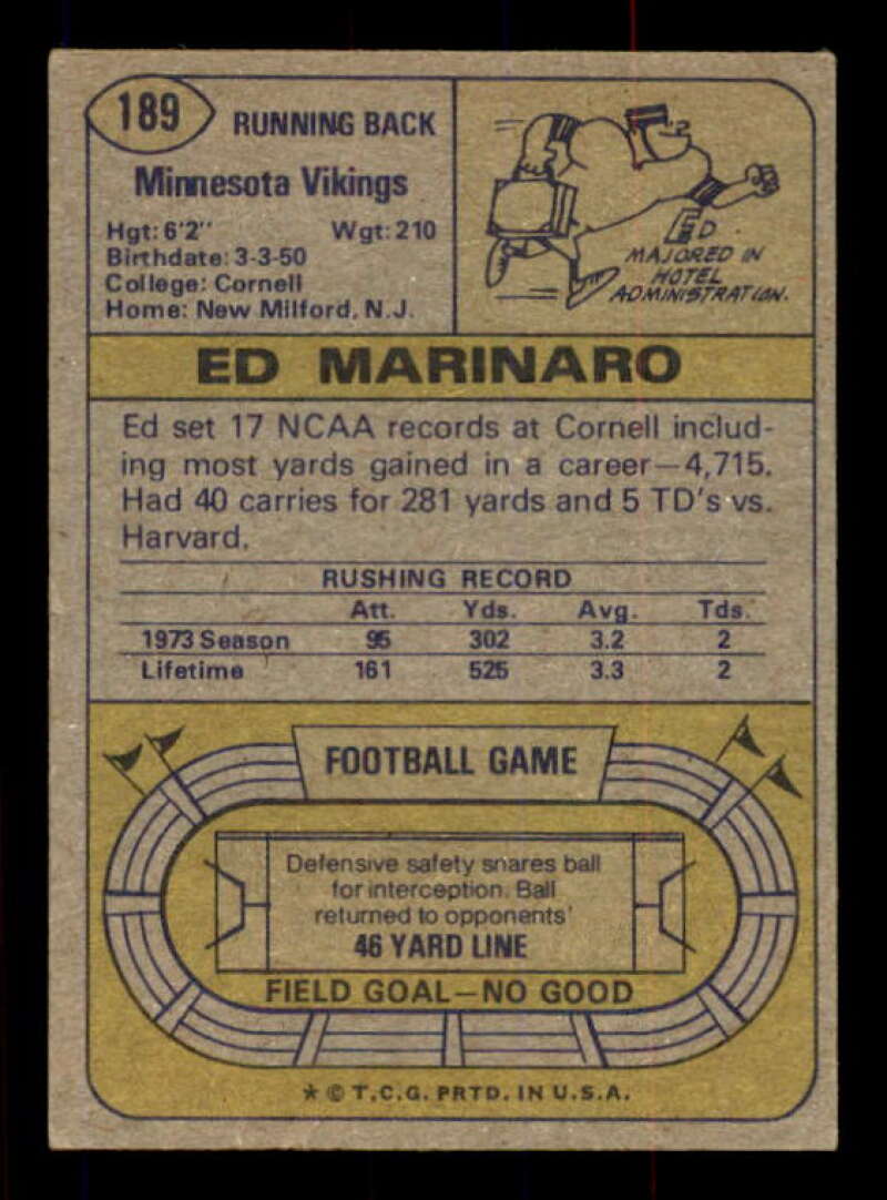 Ed Marinaro Rookie Card 1974 Topps #189 Image 2