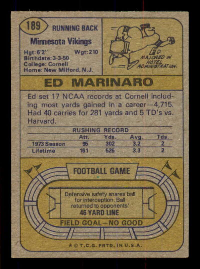 Ed Marinaro Rookie Card 1974 Topps #189 Image 2