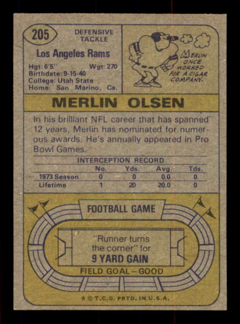 Merlin Olsen Card 1974 Topps #205 Image 2