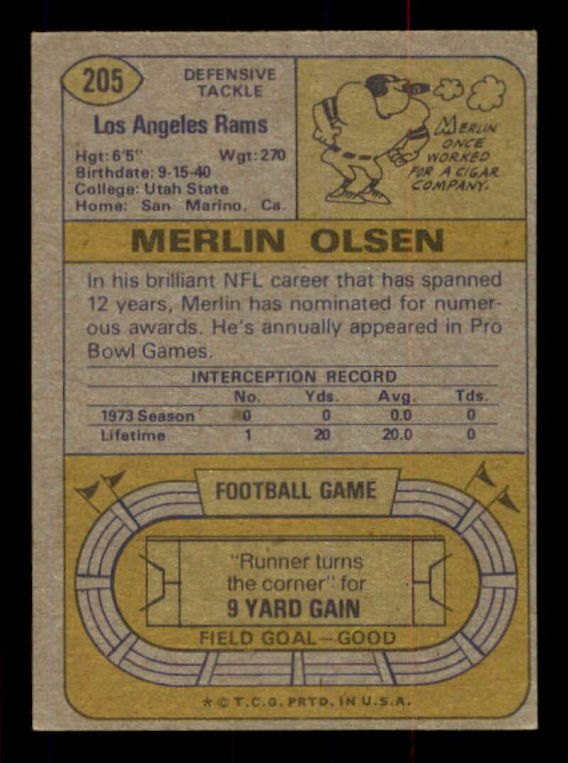 Merlin Olsen Card 1974 Topps #205 Image 2