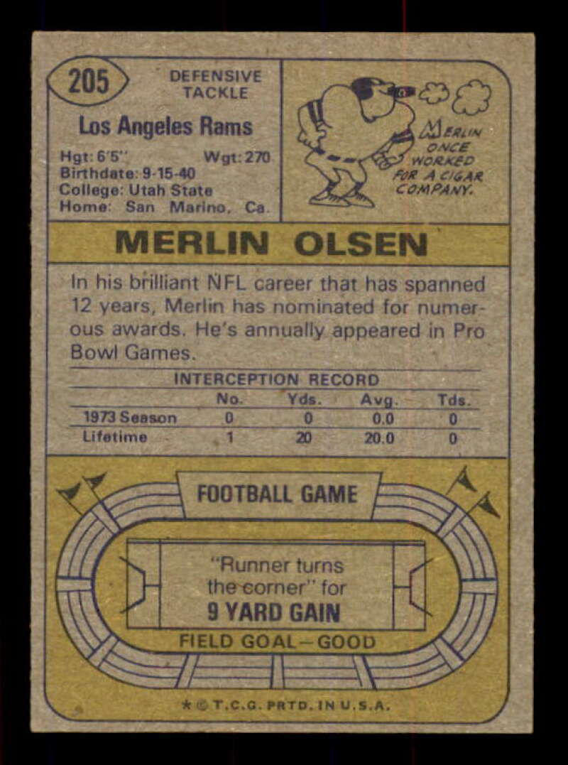 Merlin Olsen Card 1974 Topps #205 Image 2