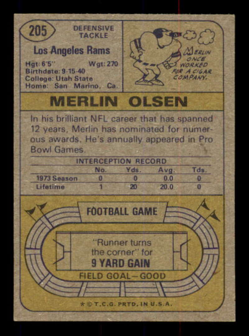 Merlin Olsen Card 1974 Topps #205 Image 2