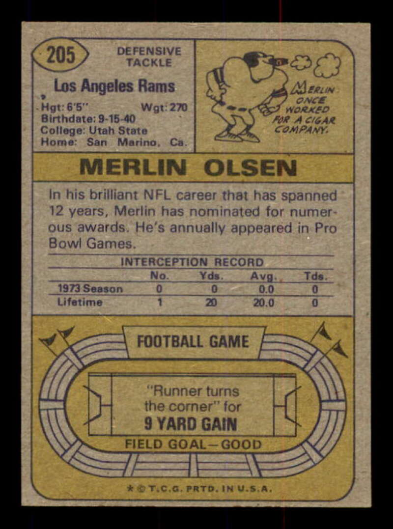 Merlin Olsen Card 1974 Topps #205 Image 2