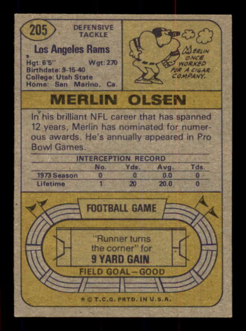 Merlin Olsen Card 1974 Topps #205 Image 2