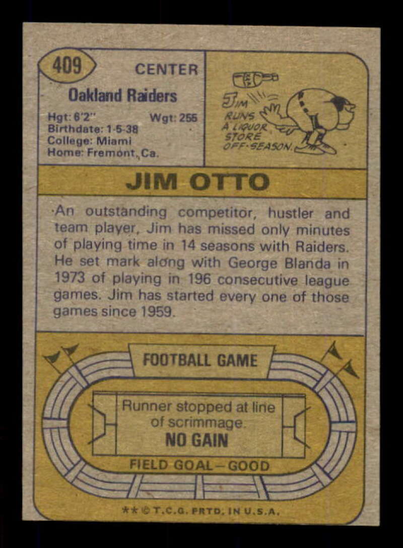 Jim Otto Card 1974 Topps #409 Image 2