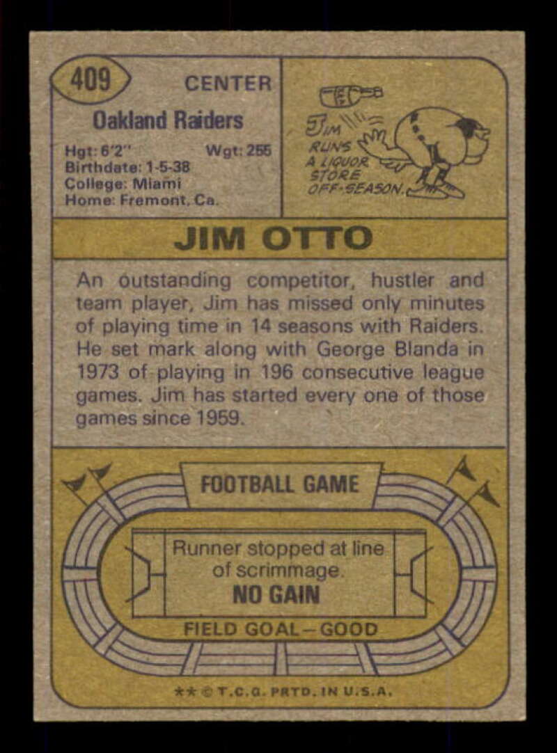 Jim Otto Card 1974 Topps #409 Image 2