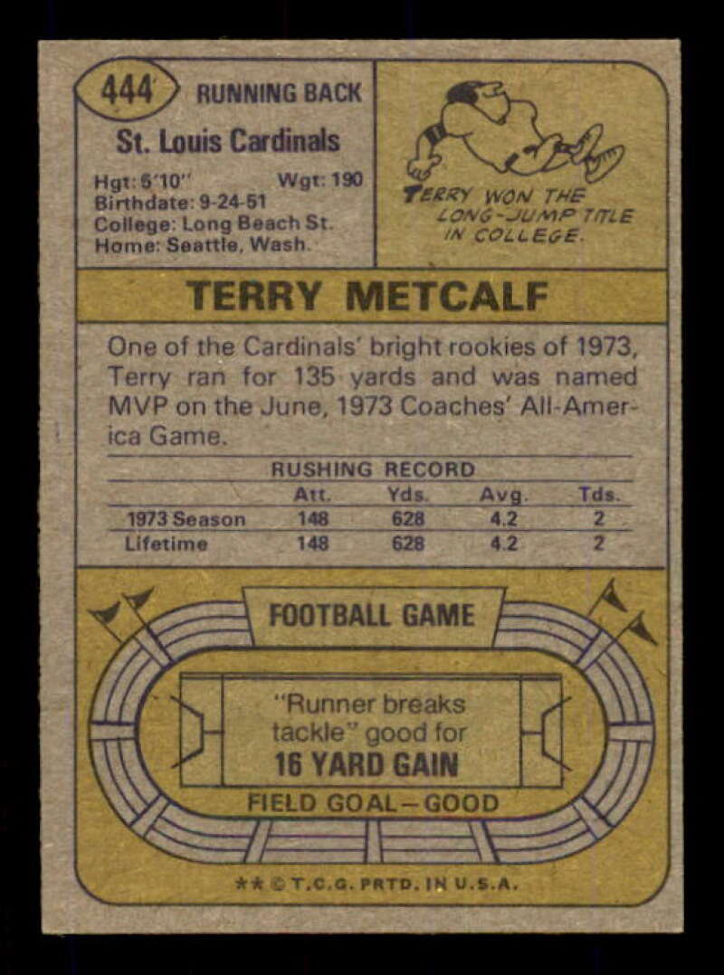 Terry Metcalf Rookie Card 1974 Topps #444 Image 2