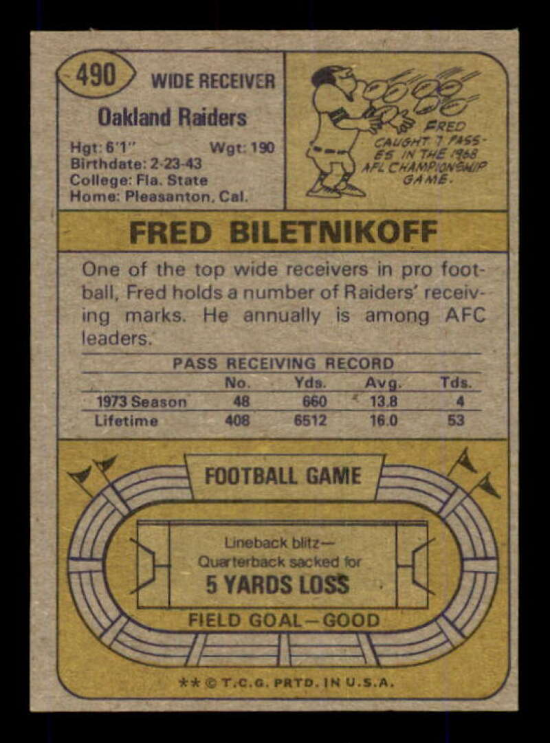 Fred Biletnikoff Card 1974 Topps #490 Image 2