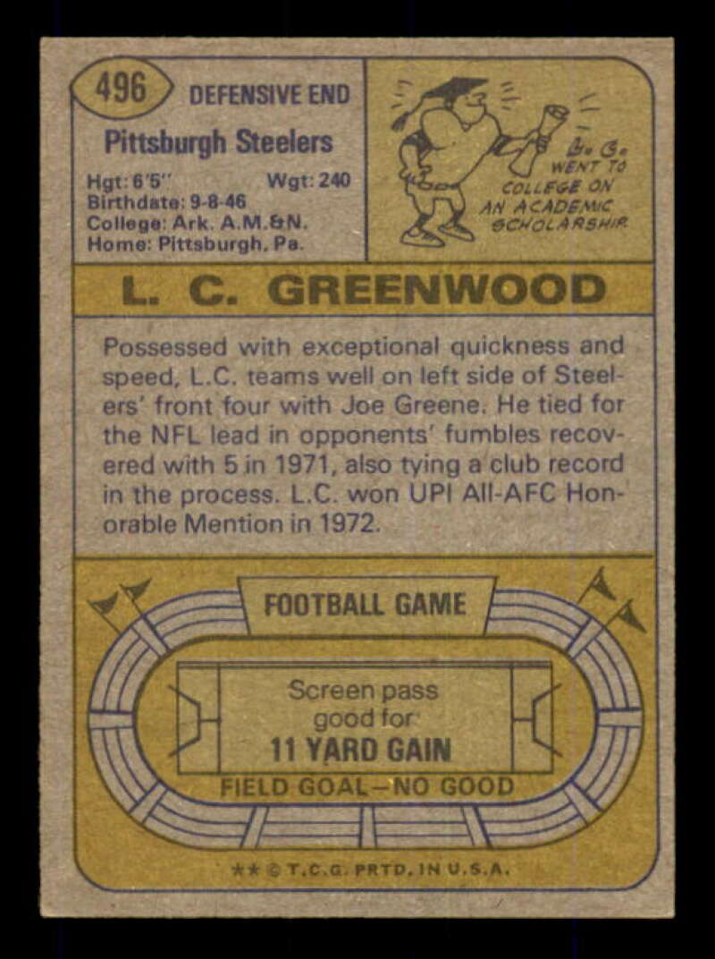 L.C. Greenwood Card 1974 Topps #496 Image 2