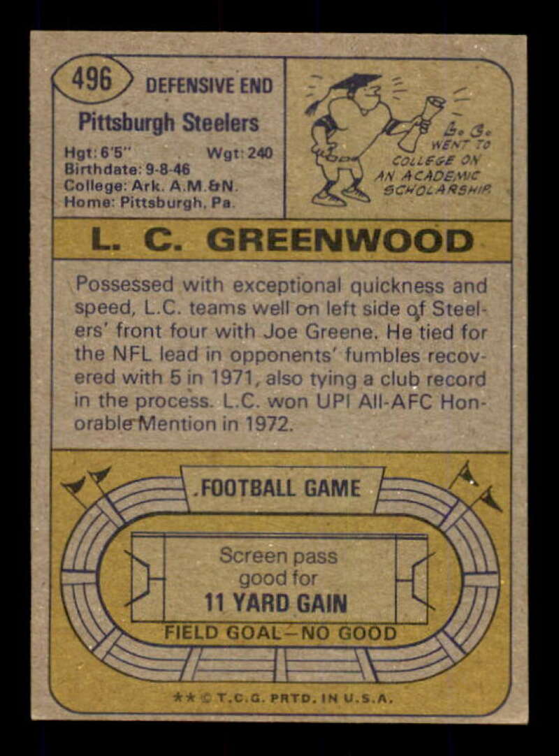 L.C. Greenwood Card 1974 Topps #496 Image 2