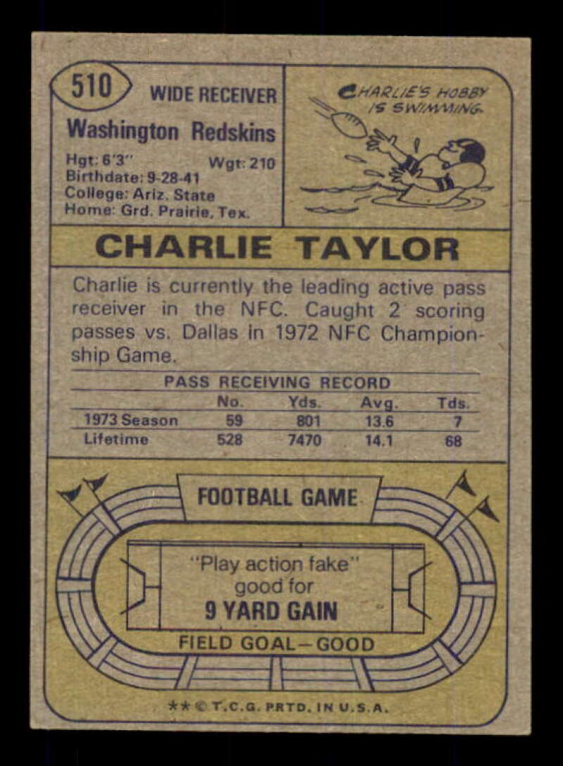 Charley Taylor Card 1974 Topps #510 Image 2