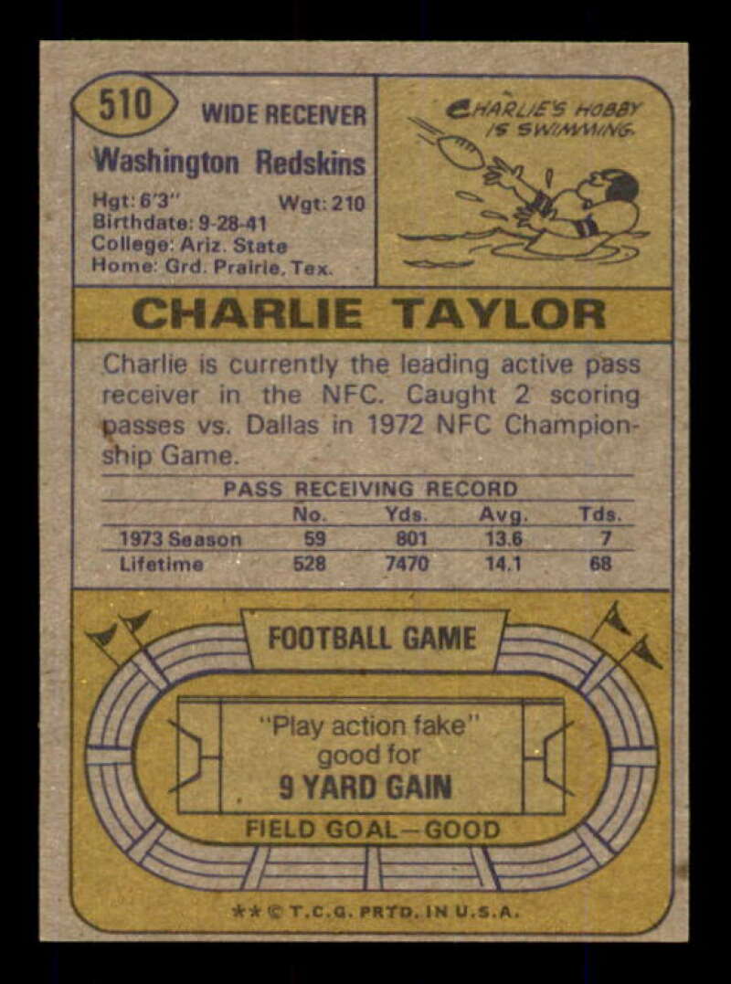 Charley Taylor Card 1974 Topps #510 Image 2