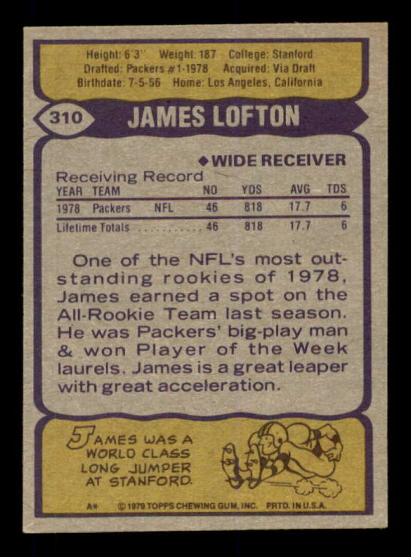 James Lofton Rookie Card 1979 Topps #310 Image 2