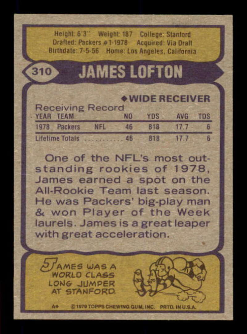 James Lofton Rookie Card 1979 Topps #310 Image 2