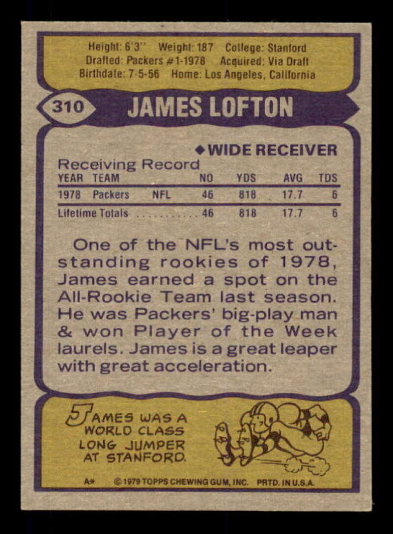 James Lofton Rookie Card 1979 Topps #310 Image 2