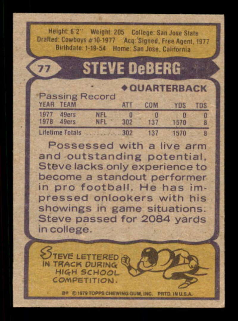 Steve DeBerg Rookie Card 1979 Topps Cream Colored Back #77 Image 2