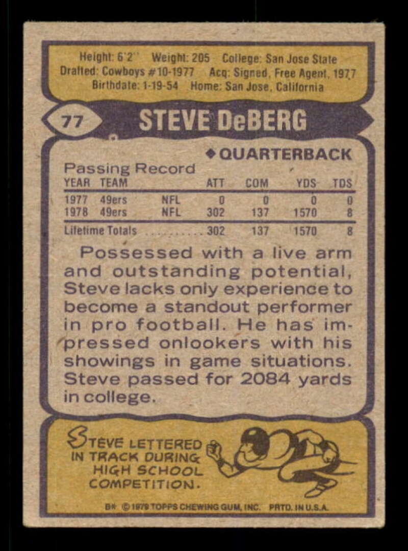 Steve DeBerg Rookie Card 1979 Topps Cream Colored Back #77 Image 2