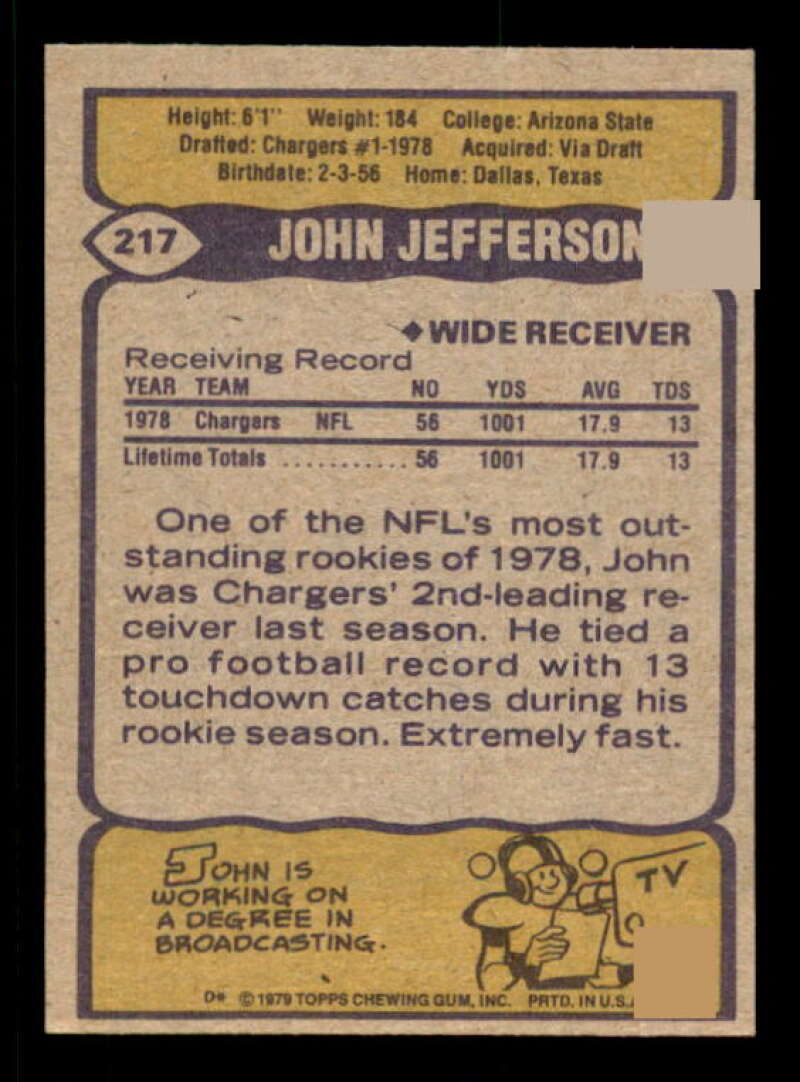 John Jefferson Rookie Card Card 1979 Topps Cream Colored Back #217 Image 2