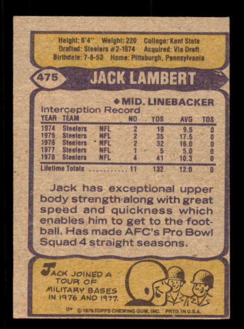 Jack Lambert Card 1979 Topps Cream Colored Back #475 Image 2