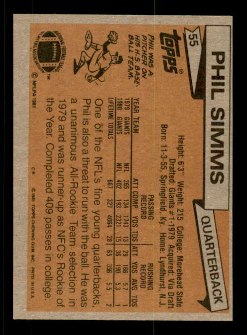 Phil Simms Card 1981 Topps #55 Image 2