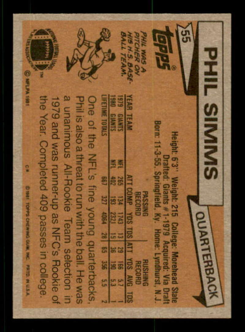 Phil Simms Card 1981 Topps #55 Image 2