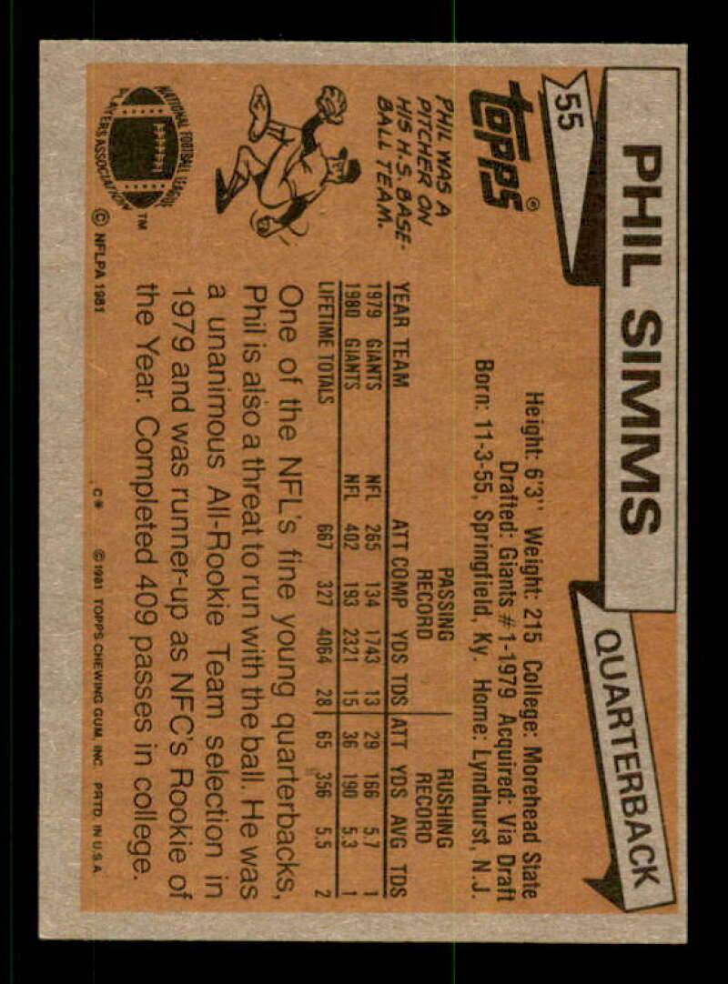 Phil Simms Card 1981 Topps #55 Image 2