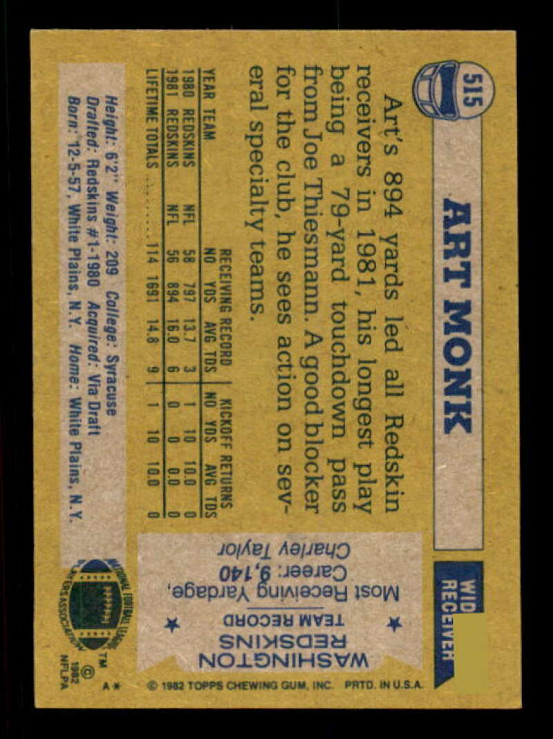 Art Monk Card 1982 Topps #515 Image 2