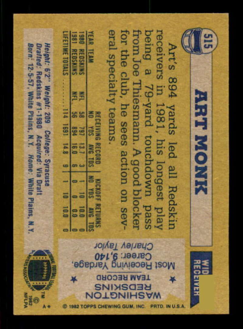 Art Monk Card 1982 Topps #515 Image 2