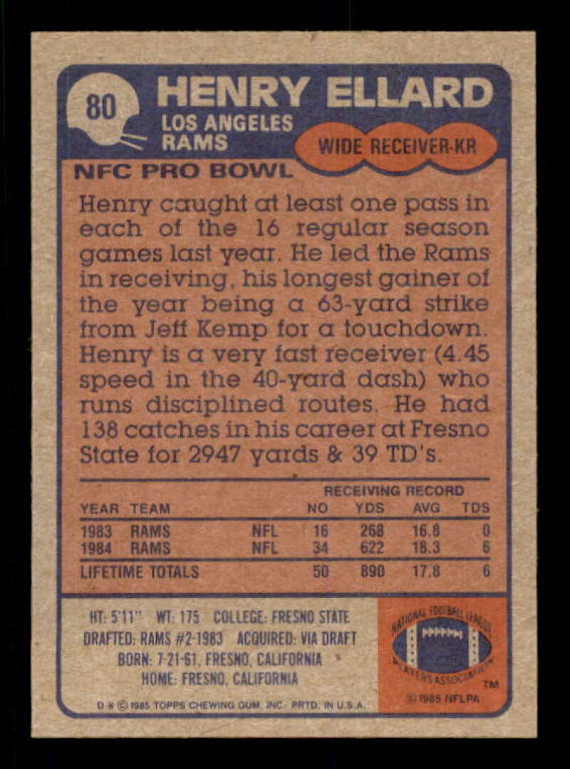 Henry Ellard Rookie Card 1985 Topps #80 Image 2