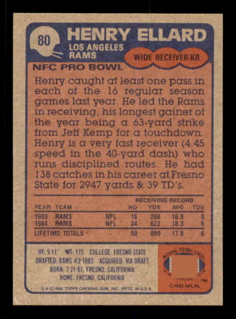 Henry Ellard Rookie Card 1985 Topps #80 Image 2