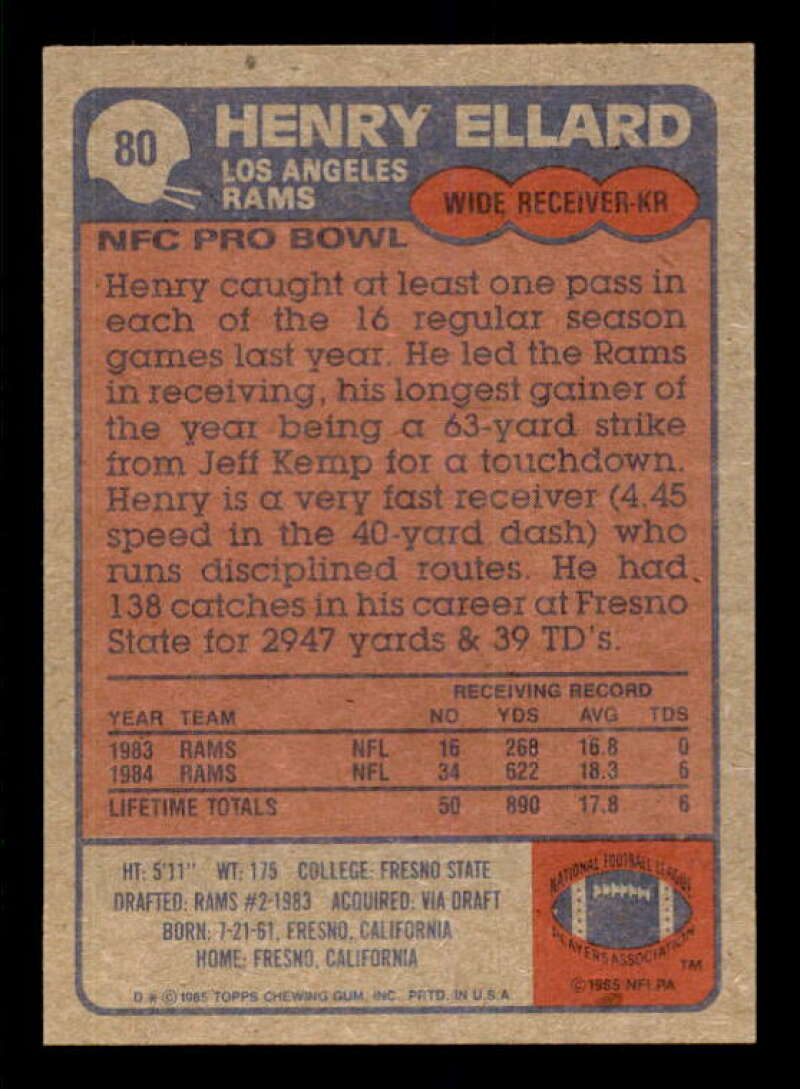 Henry Ellard Rookie Card 1985 Topps #80 Image 2