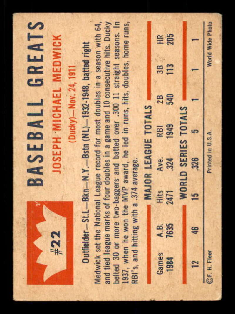 Joe Medwick Card 1960 Fleer #22 Image 2