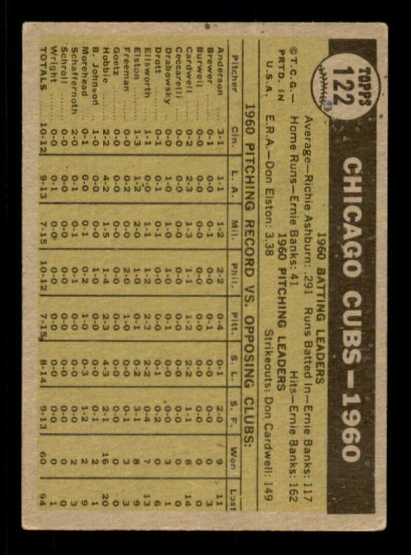 Chicago Cubs TC Card 1961 Topps #122 Image 2