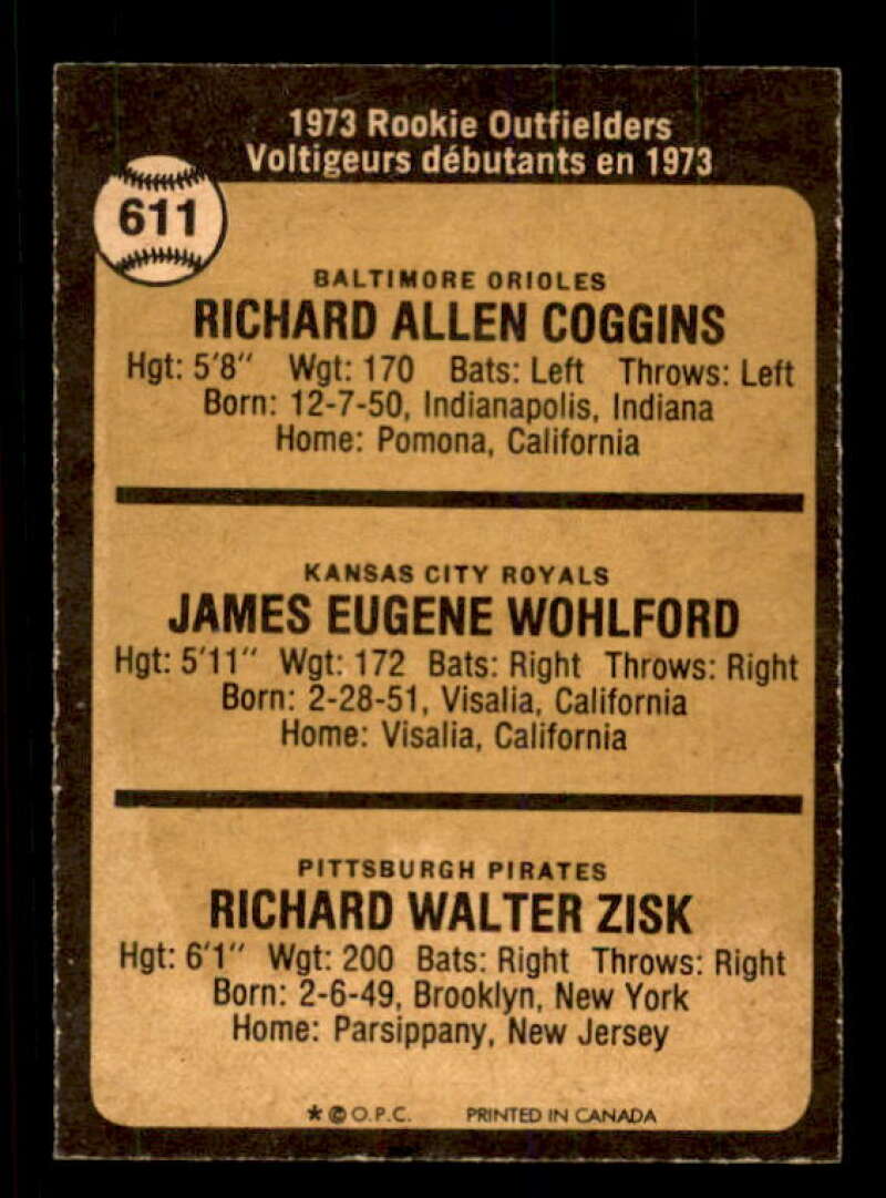 Rookie Outfielders/Rich Coggins /Jim Wohlford /Richie Zisk 1973 O-Pee-Chee #611 Image 2