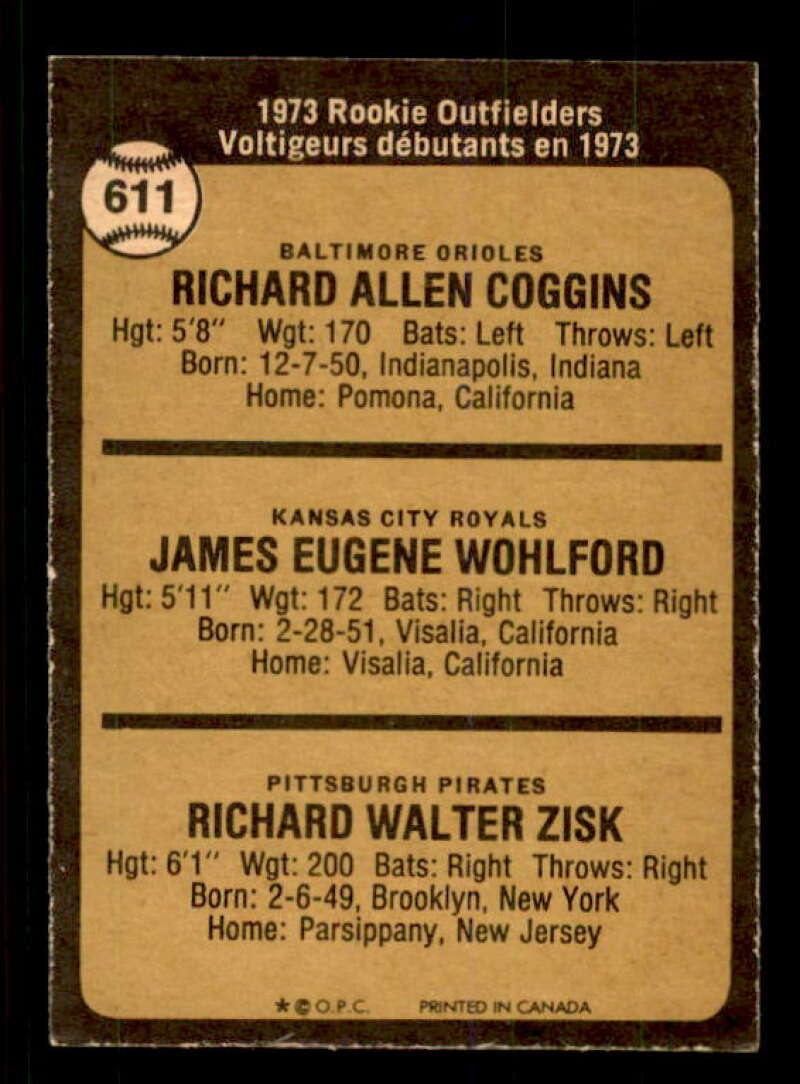 Rookie Outfielders/Rich Coggins /Jim Wohlford /Richie Zisk 1973 O-Pee-Chee #611 Image 2