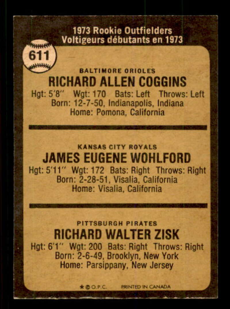 Rookie Outfielders/Rich Coggins /Jim Wohlford /Richie Zisk 1973 O-Pee-Chee #611 Image 2