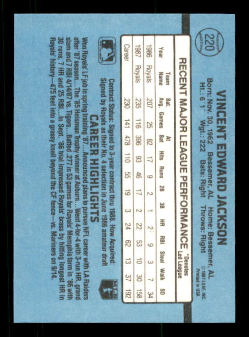 Bo Jackson Card 1988 Donruss #220 Image 2