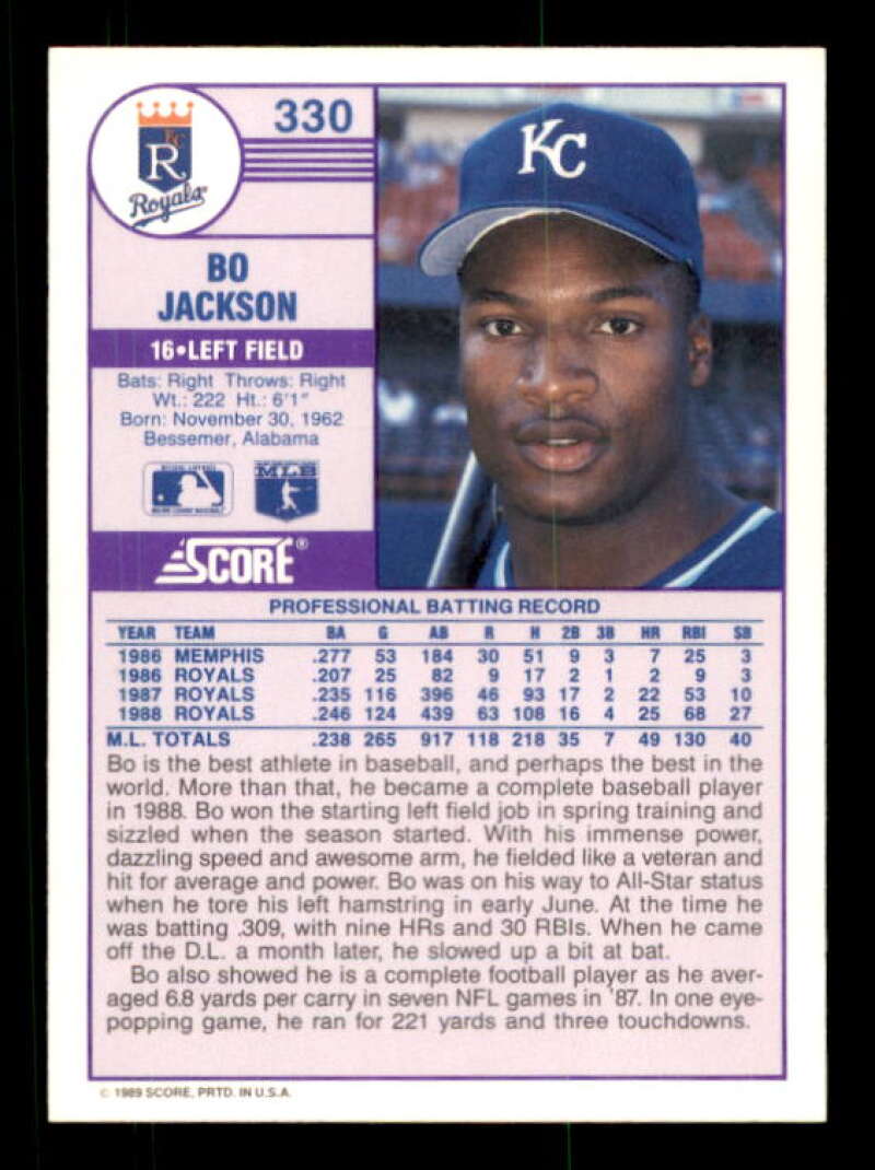 Bo Jackson Card 1989 Score #330 Image 2