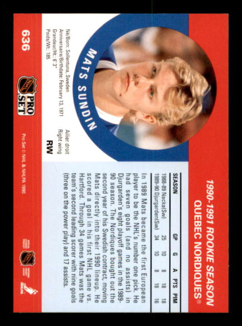 Mats Sundin Rookie Card 1990-91 Pro Set #636 Image 2