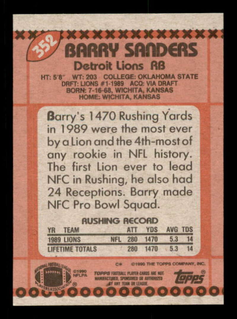 Barry Sanders Card 1990 Topps All-Pro #352 Image 2