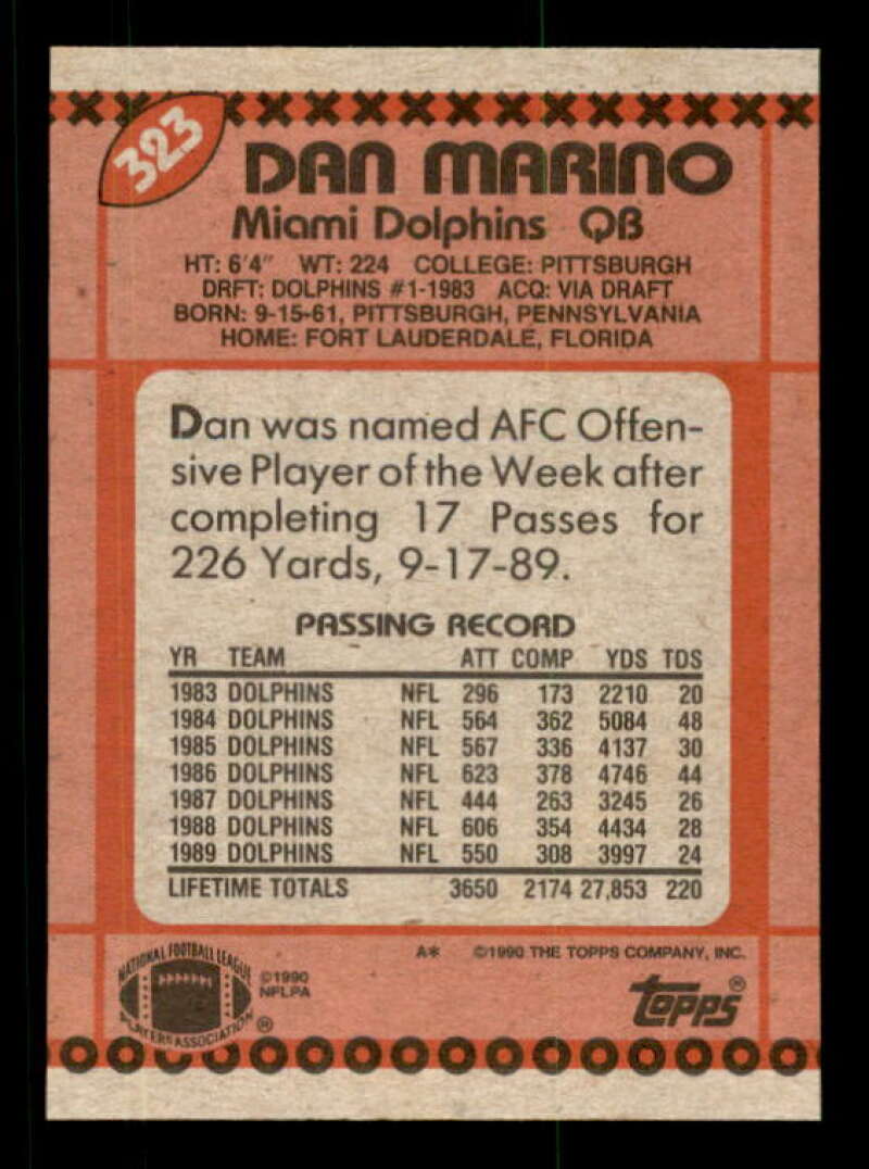 Dan Marino Card 1990 Topps #323 Image 2